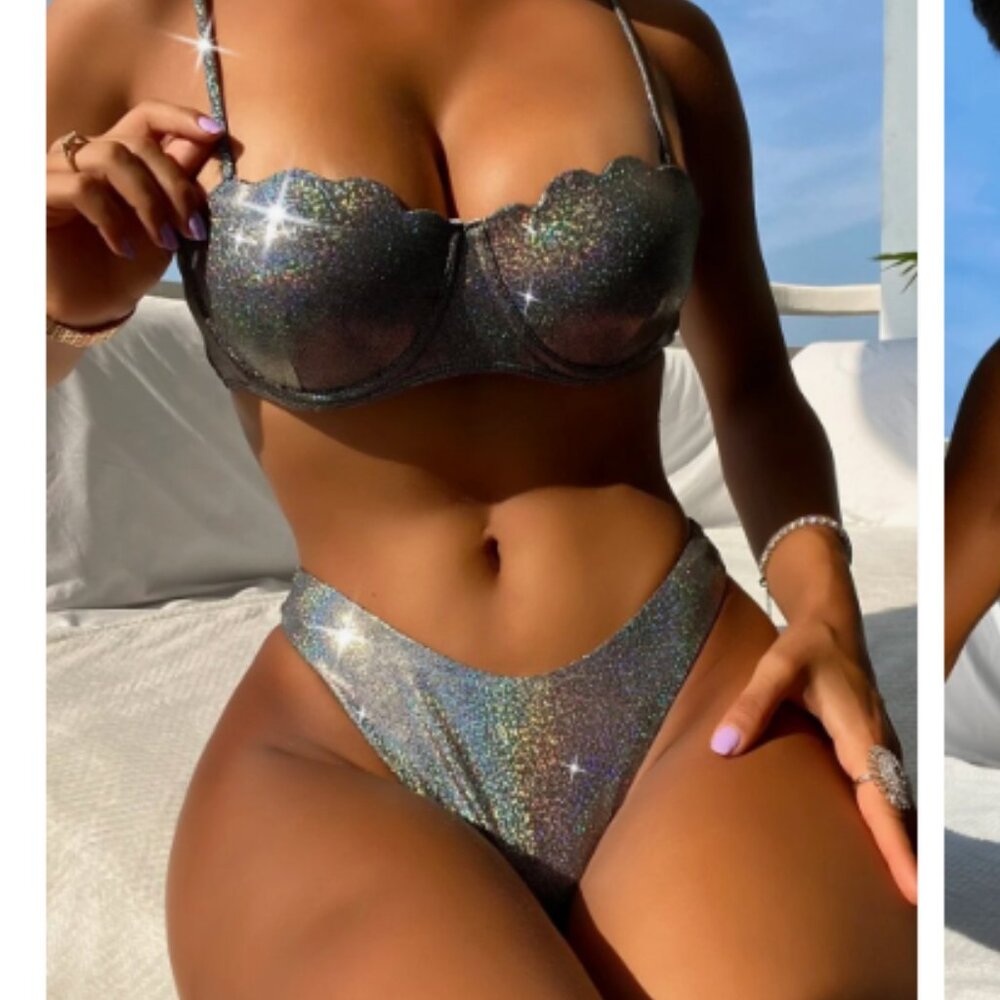Metallic Scallop Trim Push Up Bikini Set